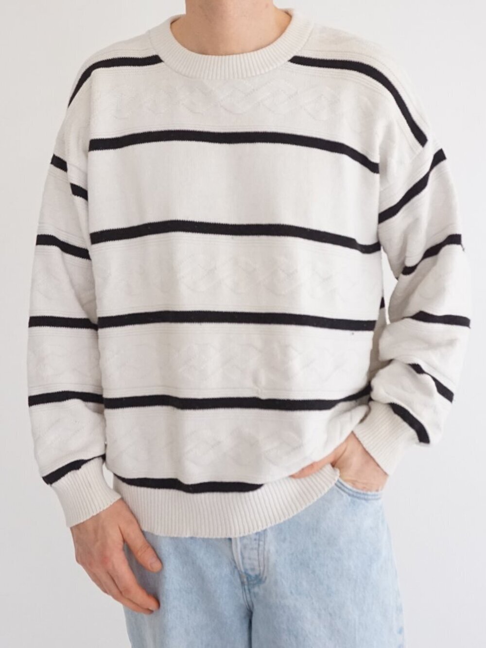 Vintage JG Hook Cream Black Stripe Textured Knit Crewneck Sweater Made USA L